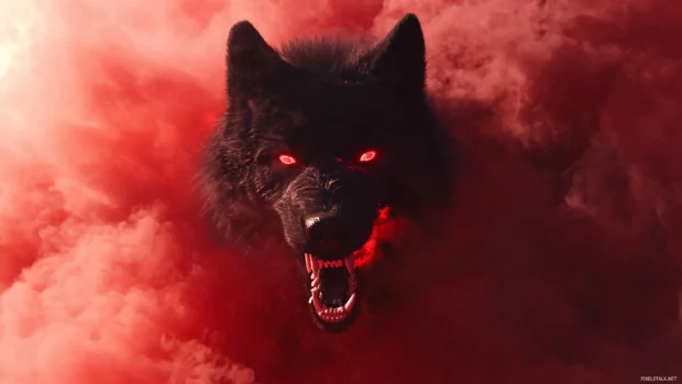 A snarling black wolf bursting through red smoke with glowing red veins.