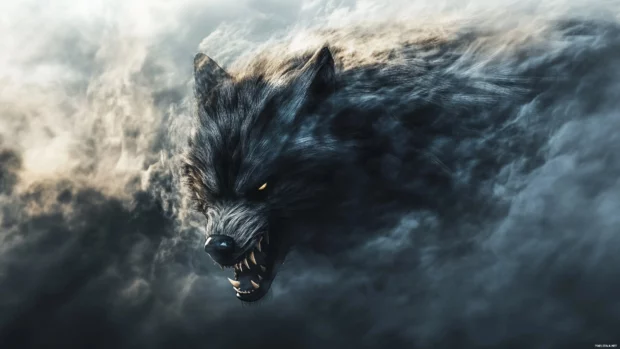 A snarling wolf made of shadows and mist under an eclipse.