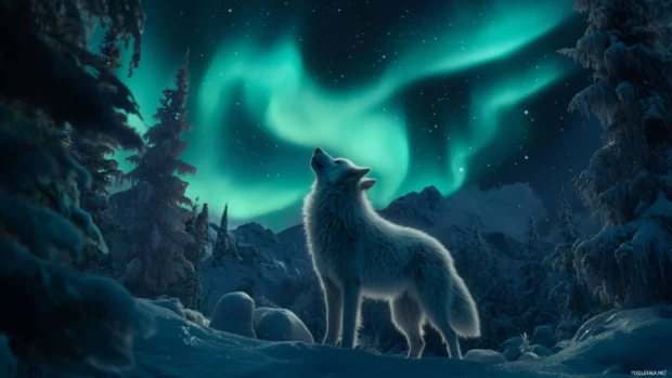 A snow covered wolf looking up as northern lights swirl above the mountain ridge.