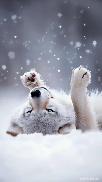 A snowy field where a cute wolf rolls on its back, paws in the air, captured in this cute wolf wallpaper.