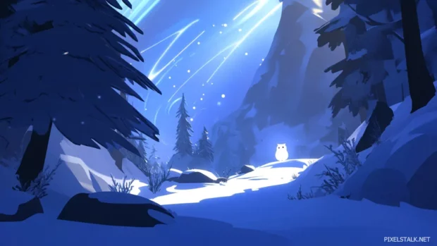 A snowy forest with a glowing white owl drifting silently through swirling auroras.