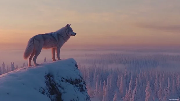 A snowy hilltop with a wolf perched overlooking the vast white forest below.