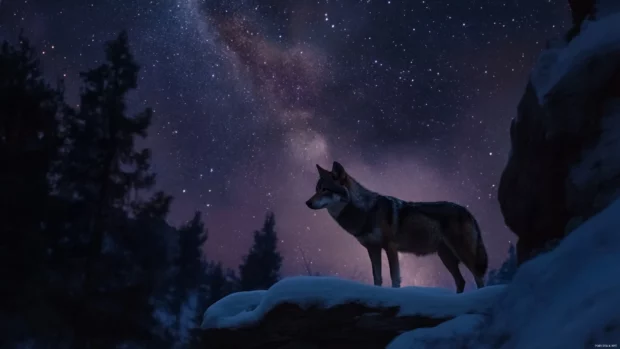 A snowy ledge glows faintly while a wolf stands beneath a galaxy filled sky.