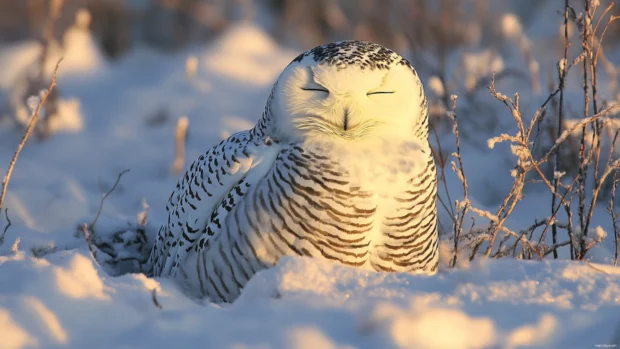 A snowy owl bathed in golden sunlight, eyes half closed in total stillness.