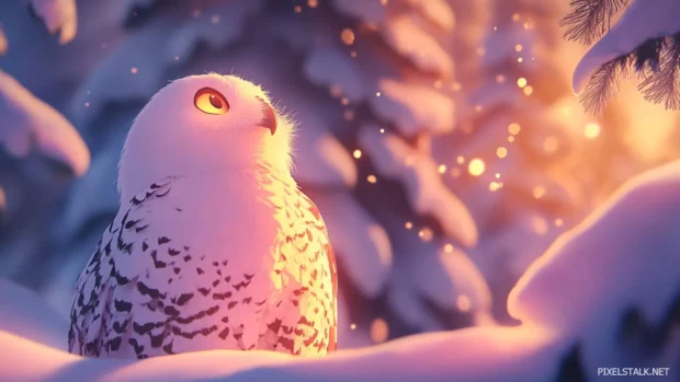 A snowy owl gazing upward, painted with glowing pastel gradients and ink outlines.