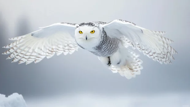 A snowy owl in mid flight over a frozen tundra, wings wide and sharp against the pale sky.