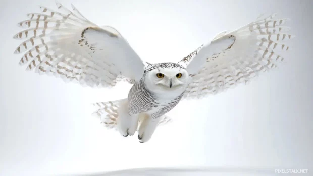 A snowy owl in mid flight over a frozen tundra, wings wide and sharp against the pale sky.