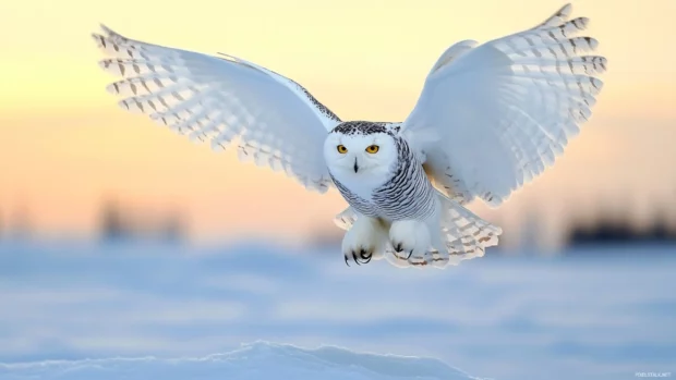A snowy owl in mid flight over a frozen tundra, wings wide and sharp against the pale sky.