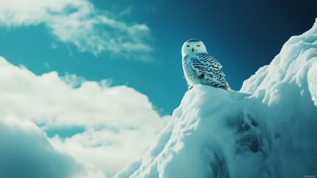 A snowy owl perched on a jagged ice ridge, soft blue sky and clouds in the distance.