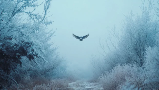 A snowy owl soaring between trees covered in ice and morning mist.
