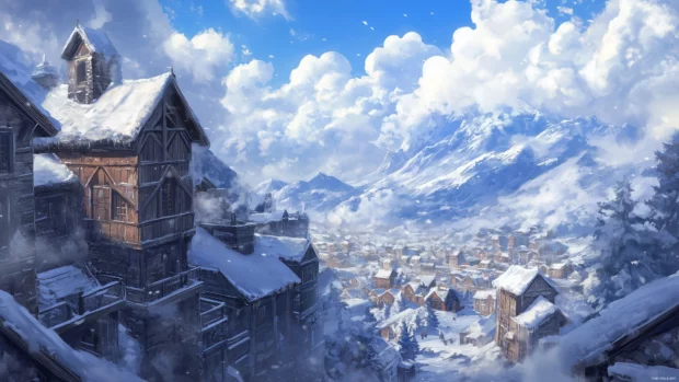 A snowy skyline of a mountain resort, with chalet rooftops visible under a frosty blue and white sky.