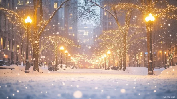 A snowy winter evening in the city, with festive lights and a soft layer of snow on the ground.