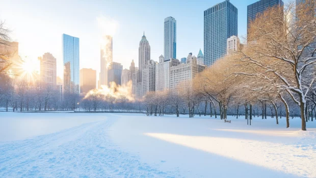 A snowy winter scene in Chicago, with buildings dusted in snow and landmarks like the Art Institute and Millennium Park.