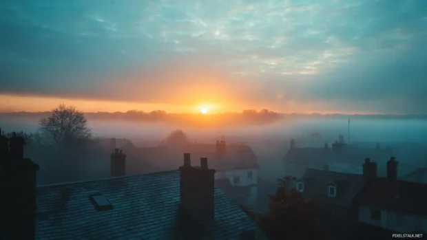 A soft and dreamy sunrise above rural rooftops.