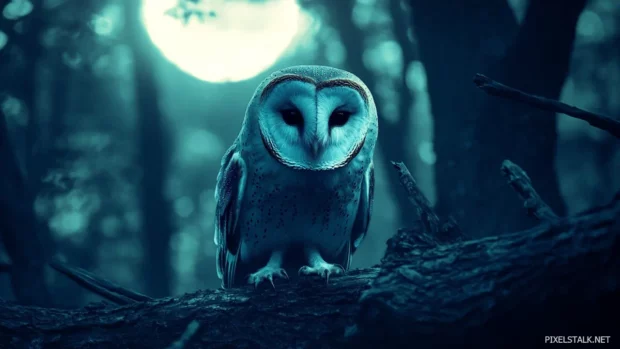 A soft blue toned portrait of an owl fading into moonlight.