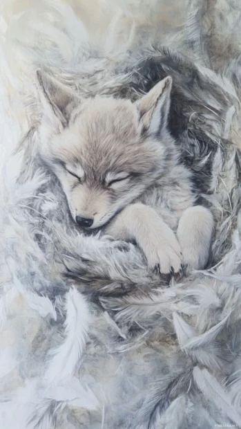 A soft dreamy painting of a baby wolf sleeping in a nest of feathers.