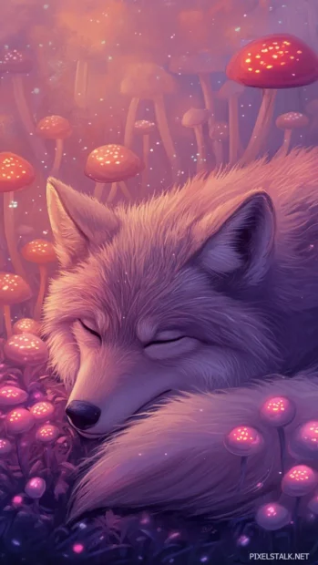 A soft glow surrounds a sleeping wolf curled under glowing mushrooms.