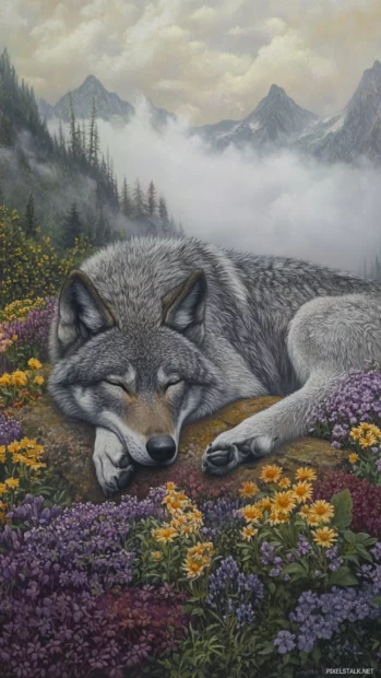 A soft illustration of a sleeping wolf on a warm plateau surrounded by flowers and mountain fog.