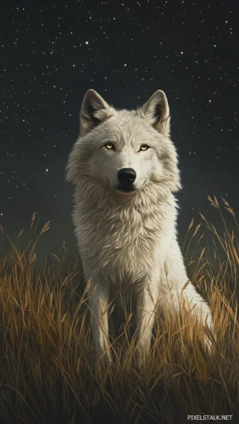 A soft light glows around a white wolf sitting in tall grass under stars.