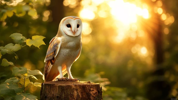 A soft lit image of a barn owl standing on a tree stump at dawn.