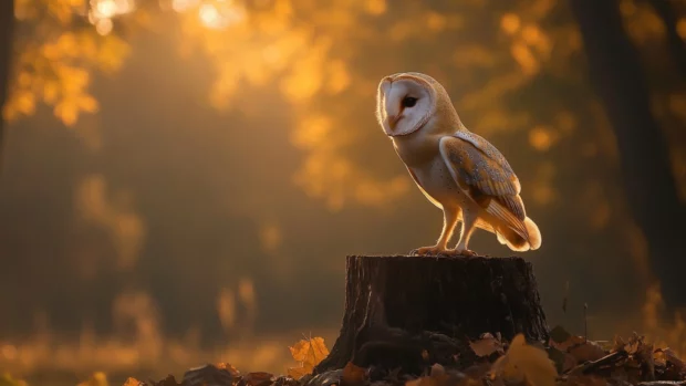 A soft lit image of a barn owl standing on a tree stump at dawn.