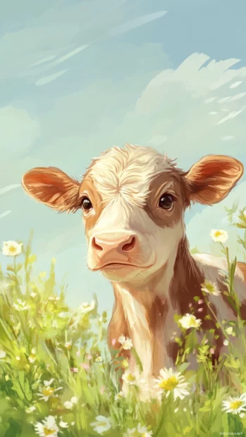 A soft meadow with a calf in this cute cow phone background.