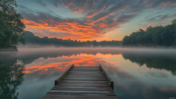 A soft palette of fog and fire in the morning sky.