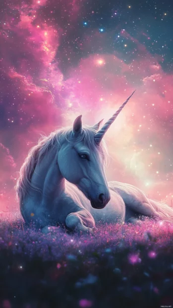 A soft pastel galaxy behind a resting unicorn.