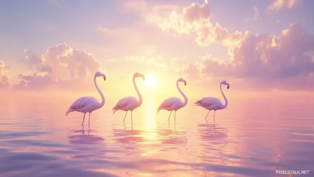 A soft pastel scene of three flamingos wading through calm pink water as the sun sets behind clouds.