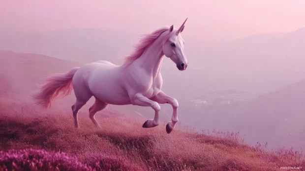 A soft pink sky reflects on the unicorns glossy hooves.