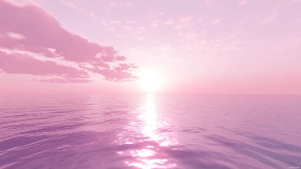 A soft purple sky, gentle clouds, lit by setting sun.