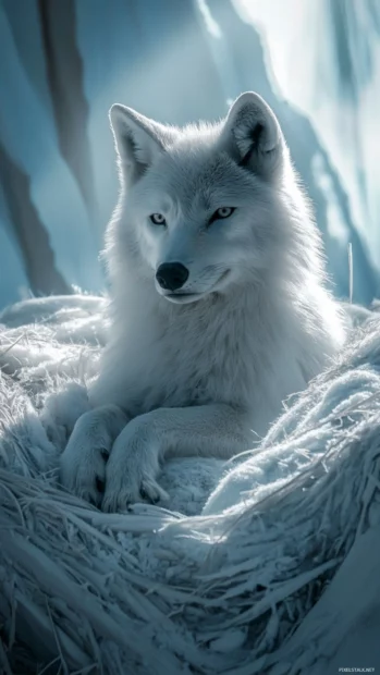 A soft white wolf curled into a snowy nest beneath vertical light rays.