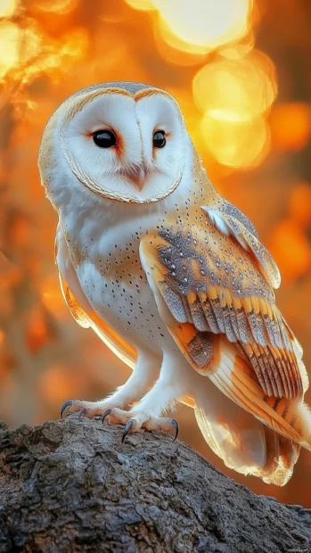 A softly focused Barn Owl standing on a window ledge at dusk.
