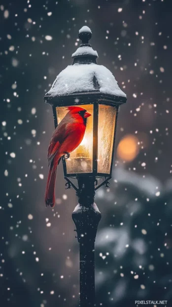 A softly lit image of a red cardinal perched on a vintage street lamp with snowflakes falling around.