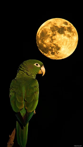 A solitary green parrot gazing at a full moon, beautifully composed for a parrot bird wallpaper.
