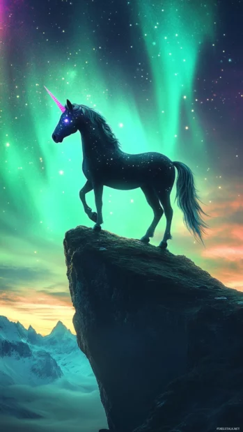 A sparkly unicorn standing tall on a cliff with aurora glows.