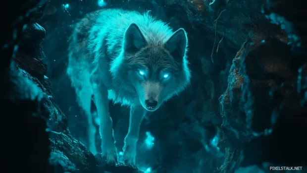 A spirit wolf guides lost travelers through a tunnel of bioluminescent vines.