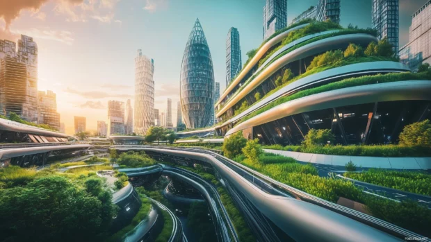 A sprawling futuristic city with eco friendly buildings, floating gardens, and advanced transport, bathed in twilight.