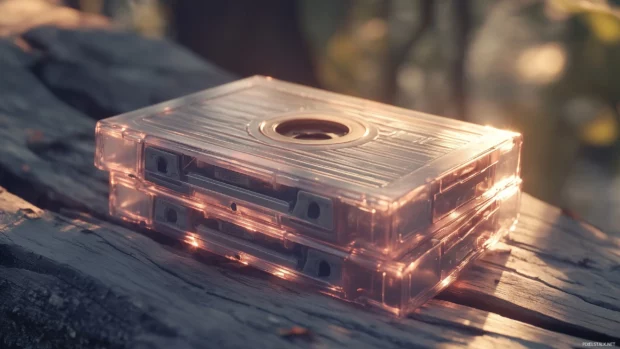 A stack of glowing, vintage cassette tapes placed on a wooden surface, with a nostalgic atmosphere and soft background lighting.