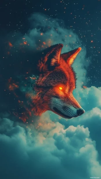 A starry red wolf floats through clouds in a surreal dreamscape.