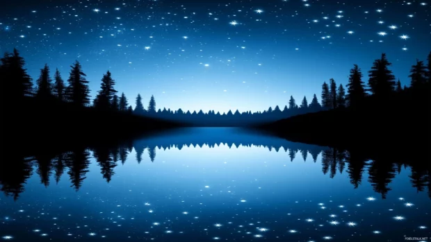 A starry sky reflects in lake, mirror like, forest silhouette dark.