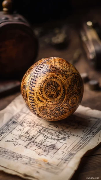 A steampunk inspired baseball with intricate brass gears and mechanical engravings, resting on an aged parchment blueprint.