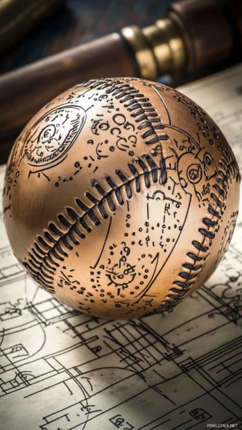 A steampunk inspired baseball with intricate brass gears and mechanical engravings, resting on an aged parchment blueprint.