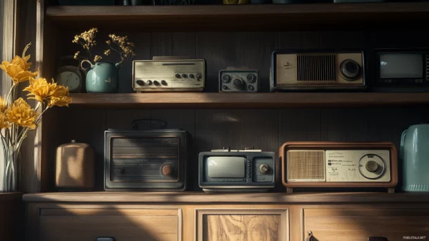 A still life of vintage radios stacked on a wooden shelf, with soft natural light casting gentle shadows.