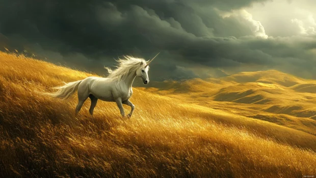 A storm clears to reveal a unicorn among golden hills.