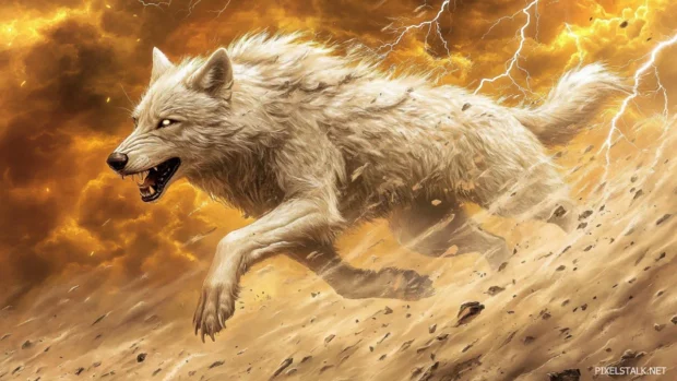 A storm themed digital painting where the wolf runs through lightning and ashes.