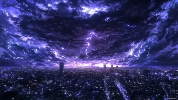 A stormy Anime sky, dark clouds rolling over a peaceful city, with a dramatic contrast of lightning in the background.