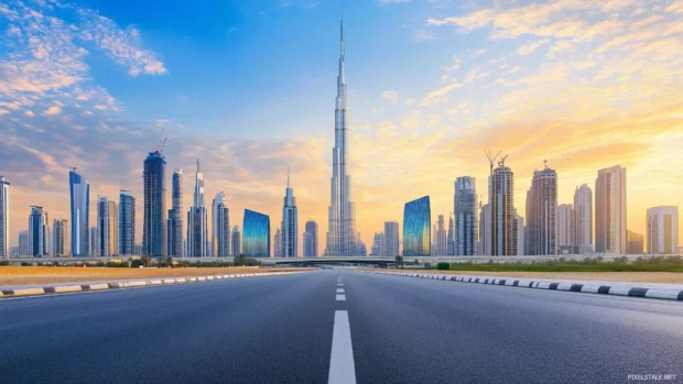 A straight road leading into a simple, modern city with minimal details.