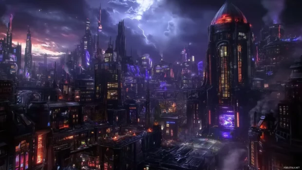 A straightforward Cyberpunk city scene with basic neon lights, a few high tech buildings, and a dark sky.