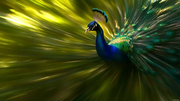A striking HD peacock background showcasing the majestic bird turning, its vibrant feathers appearing in soft, artistic motion.